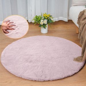 Kalanka-Tapis Rond Rose 90 Cm Doux Tapis Fausse Fourrure Moelleux Tapis Chambre Fille Lavable Petit Descente De Lit Salon Poil Ras Fluffy Pink Rug Round - Neuf