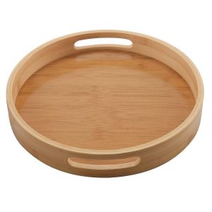 Plateau En Bois De Bambou De Service Rond Pour Plateaux De Dîner Bar À Thé Petit Déjeuner Conteneur Alimentaire Poignée Stockage T - Neuf