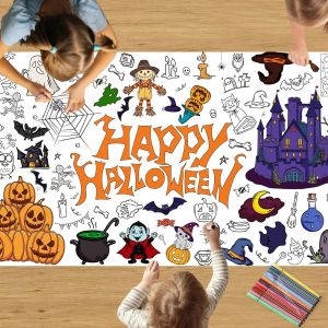 Teppc-Nappe De Coloriage Happy Halloween De 183 X 76 Cm Pour Enfants Avec 12 Stylos De Peinture, Nappe Géante À Colorier, Nappe De Table En Papier À Dessin Pour Garçons Et Filles, Fête D'halloween - Neuf