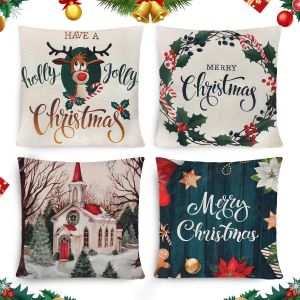 4 Pi&egrave;ces De No&euml;l, Les Taies D'oreiller, De No&euml;l Taie D'oreiller, Coussin, No&euml;l, Housse De Coussin, Les D&eacute;corations De No&euml;l Les Taies D'oreiller, D&eacute;coration De No&euml;l Housse De Coussin 45x45cm Pour Can - Neuf