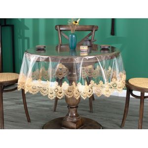 Nappe Ronde En Pvc De 80 Cm De Diam&egrave;tre, Bord&eacute;e De Dentelle Couleur Caf&eacute; Et Doubl&eacute;e De Blanc. - Neuf