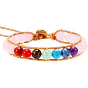 Kal-R&eacute;glable Boh&ecirc;me Bracelet En Pierre Pour Femme Et Homme, 7 Chakra Perle D'&eacute;nergie Ronde Pierre De Cristal Tiss&eacute; Avec Cordon En Cuir, 7 Chakra/Quartz Rose - Neuf