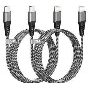 TRAHOO-C&acirc;ble iPhone USB C 2M/Lot de 2[Certifi&eacute; Apple MFi], Cable USB C vers Lightning Cable Chargeur iPhone Charge Rapide Nylon Cable Lightning Usb C Cordon Fil pour iPhone 14 13 12 11 Pro Max/Mini/X - Neuf
