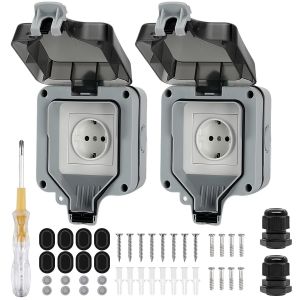 Prise Exterieure Etanche, 2 Pcs Prise Etanche Exterieur, IP66 Prise Etanche avec Couvercle Articul&eacute; et T&eacute;moin Lumineux, 16 A, pour Garage, Salle de Bain, Cuisine, Piscine et Jardin - Neuf