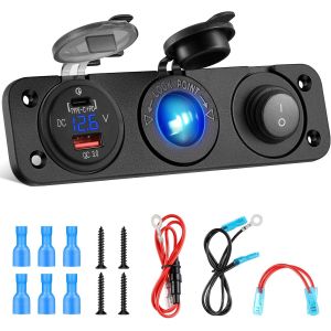 Kal-Type-C 12v Cigarette Lighter Socket Splitter Qc3.0 Dual Usb Panneau De Commutation De Chargeur De Voiture 5v/2.1a Imperm&eacute;able Charger Socket For Car Boat Marine Vehicle Motorcycle Atv - Neuf