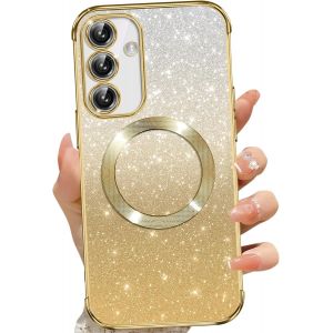 SJZG-Coque Magn&eacute;tique Pour Samsung Galaxy S24 Fe 5G, Etui &Agrave; Paillettes Compatible Avec Magsafe, Antichoc Charge Sans Fil Housse Pour Samsung S24 Fe, Avec 2 Verre Tremp&eacute;, Dor&eacute; - Neuf