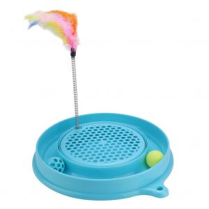 Hjlian Planche A Gratter Ronde En Plastique Pour Chat Turbo, Avec Boule, Plumes, Clochettes, Griffes (Bleu) - Neuf