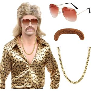 Trahoo-Perruque Homme Annee 80 70, Perruque Mulet 90s Rock Cheveux Longue Carnaval Deguisement Annee 80 Perruque Popstar Disco Wig Accessoire Lunettes Fausse Moustache Collier Cosplay Bad Taste Party - Neuf