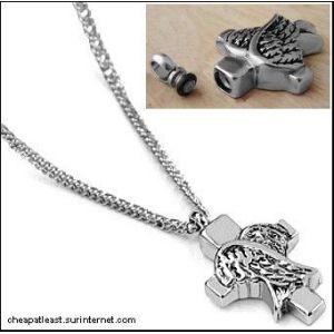 Collier Sautoir Avec Pendentif Crucifix Ail&eacute; (Croix + Aile) Ange Urne Fiole - M&eacute;tal Argent&eacute; -Tags: Cendres Eau B&eacute;nite Bijou Cin&eacute;raire Fun&eacute;raire Souvenir - Neuf