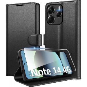 CAUC-Coque pour Xiaomi Redmi Note 14 4G (Pas pour 5G) en Premium Cuir PU, Portefeuille Housse Etui pour Cartes Protection Anti-Choc Flip Case avec 1 Verre Tremp&eacute; Noir - Neuf