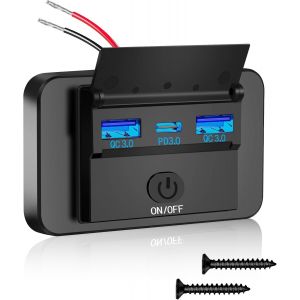 Prise de charge USB 72 W 12 V Dual QC3.0 USB et PD3.0 type C Chargeur rapide &eacute;tanche avec interrupteur pour caravanes 12 V/24 V - Neuf