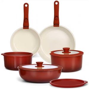 Subzonal-11 Pi&egrave;ces Set De Po&ecirc;les Et Casseroles Avec Rev&ecirc;tement C&eacute;ramique Antiadh&eacute;sif - Sets De Casseroles Avec Poign&eacute;es D&eacute;tachables, Sans Toxiques, Compatible Induction (D&eacute;grad&eacute; Rouge) - Neuf