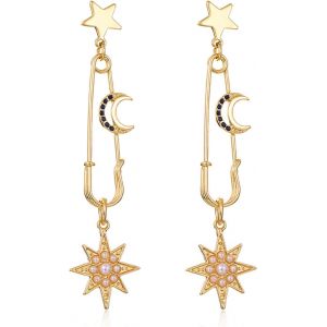 Kal-Boucle D'oreille Étoile Et Lune Femme Gold Boucles D'oreilles Pendantes Asymétriques Lune Etoile Hypoallergénique Boucles D'oreilles Zirconium Lune Et Étoile Boucles D'oreilles - Neuf