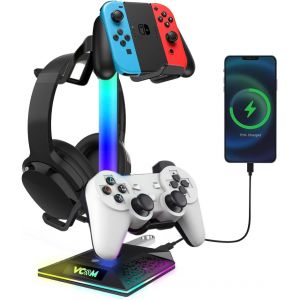 LORANKA-Support Casque Gamer avec 10 Modes d'&eacute;clairage, RGB Support de Casque avec 2 Ports USB, Repose Casque Gaming pour Manette Xbox PS5, Accessoire Bureau Gaming - Neuf