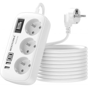 Rallonge Electrique 3M avec 4 USB(2 USB-C), Multiprise 3 Prises avec Interrupteur, Multiprise Parafoudre Fixation Murale pour Maison Bureau, Blanc 16A/4000W - Neuf