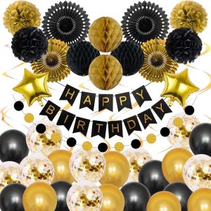 MEVRONISSHOP-D&eacute;corations Anniversaire Noir et Dor&eacute; Or, Guirlande de Pompon en Papier de Soie, Ballon Noir Or, Banderole Joyeux Anniversaire pour Femme, Homme, Mariage, F&ecirc;te, No&euml;l - Neuf