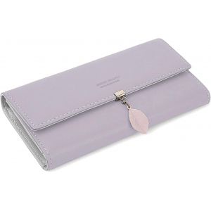 La lumière Pourpre Femmes Long porte-monnaie fermeture à Glissière Titulaire de la Carte de Sac à main de Cuir d'unité centrale de Feuilles Pendentif, 10 Fentes pour Cartes - Neuf
