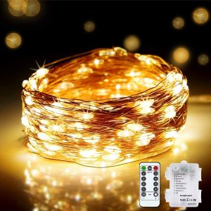 KAL-Guirlande Lumineuse À Led, Alimentée Par Piles, 200 Led, 20 M, 8 Modes, Fil De Cuivre, Étanche, Avec Télécommande, Minuteur, Intérieur Ou Extérieur, Mariage, Chambre - Blanc Chaud - Neuf