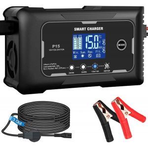 Chargeur de Batterie de Voiture 12 V/15 A et 24 V/10 A, pour Voiture, Moto, Tondeuse à Gazon, Lithium, LiFePO4, Acide Plomb - Neuf