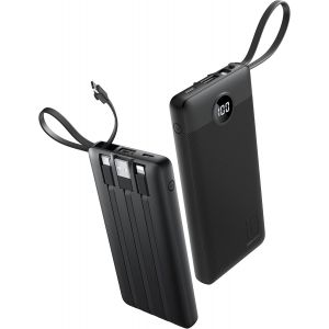 JGD-Chargeur portable avec c&acirc;bles int&eacute;gr&eacute;s, batterie externe fine 10 000 mAh pour camping, 5 sorties, 2 entr&eacute;es, &eacute;cran LED, compatible avec iPhone/Android et plus encore - Neuf