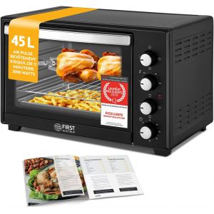Mini-Four 45L 2000W - Four &Agrave; Pizza Avec Temp&eacute;rature Jusqu'&Agrave; 230&deg;C Et Rev&ecirc;tement Antiadh&eacute;sif - Avec Minuteur De 60 Min, 4 Hauteurs D'Insertion, Plaque, Grille & Tournebroche Rotatif - Neuf