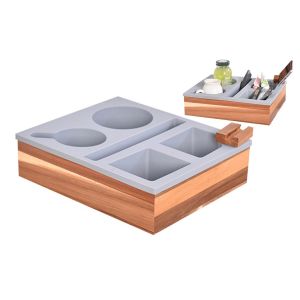 Plateau Porte-Gobelet En Silicone Et Bambou Pour Canap&eacute;, Avec Support Pour T&eacute;l&eacute;phone Et Plusieurs Compartiments Pour Boissons Et Objets Essentiels - Neuf