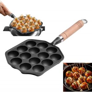 SUBZONAL-Takoyaki Po&ecirc;le Grille Pain &agrave; Frire,14 Trous 3.6 cm Trou Moules Takoyaki Gril Po&ecirc;le,Taiyaki Pan,Aebleskiver Cast Iron Pan,Poffertjes Pan,avec Poign&eacute;e Amovible - Neuf