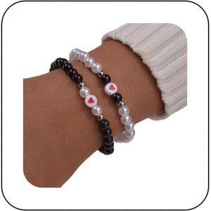 Kal-Bracelet Perles Vintage Couches Bracelet Perles Noires Bracelet Perles Boho Bracelet Perles R&eacute;sine Bracelet D'amour Forme Coeur Bijoux Cha&icirc;ne Pour Femmes Et Filles 2pcs - Neuf