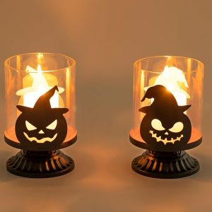 CAUC-Lot de 2 photophores en forme de citrouille d'Halloween &iquest; Porte-bougies effrayants pour d&eacute;coration de table d'automne Noir - Neuf