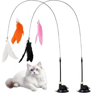 Letnerny-2 Ensembles De Jouets Pour Chat En Plumes Avec Ventouses, 4 Plumes Gratuites Avec Clochettes, Canne À Pêche Pour Chaton, Jouets D'intérieur Pour Chats, Jouets Interactifs Pour Chats - Neuf