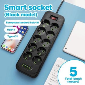 Carte D'Alimentation Avec Prise Ue,Câble D'Extension De 5M,Prise 10Ac Avec 4 Ports Usb,1 Type-C,Adapté À La Maison,L'École,Au Dortoir,Au Bureau.D10L Black 5M.Ue Plug - Neuf