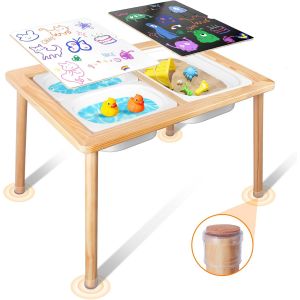 SUBZONAL-Table pour Enfants, Table Sensorielle en Bois avec 3 Bacs de Rangement, Table d'eau et de Sable avec Couvercles Int&eacute;rieure et Ext&eacute;rieure, Table d'activit&eacute;s pour Apprendre, Manger, Jouer - Neuf