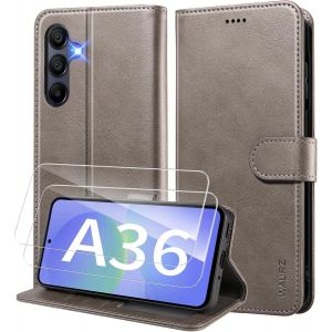 AEFJ-Coque pour Samsung Galaxy A36 5G Etui Coque avec 2 Verre Tremp&eacute; Porte Carte Clapet &agrave; Rabat Portefeuille Cuir Case Housse Protection Flip Cover &Eacute;tui Coque pour Samsung Galaxy A36 5G,Gris - Neuf