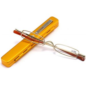 (Or, +1,5) Mini Lunettes De Lecture En Métal, Petites Lunettes De Lecture Portables À Charnière À Ressort, Étui À Lunettes Fin En Aluminium Pour Hommes Et Femmes - Neuf