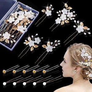 Lot De 15 Barrettes &Agrave; Cheveux De Mariage Avec Perles Et Fleur, En Forme De U, Strass, Pour Mari&eacute;e Et Demoiselle D'honneur (Dor&eacute;, 3 Styles) - Neuf