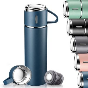 Gourde Isotherme 500ml, Bouteille Isotherme Inox Avec Tasse Et Couvercle, Sans Bpa, Mug Isotherme Etanche De Voyage Pour Café Et Thé, Gourde Inox Pour Enfant, Travail, Ecole, Randonnée (Bleu) - Neuf