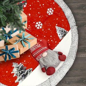 Jupe de sapin de No&euml;l - Jupe de sapin rouge en toile de jute de 122 cm avec gnomes et P&egrave;re No&euml;l en 3D - D&eacute;corations de No&euml;l et du Nouvel An - Joyeux No&euml;l - Neuf