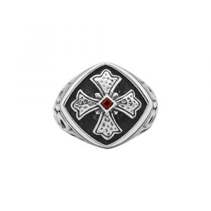 Bague Chevali&egrave;re Homme Argent Croix De Malte Et Grenat - Neuf