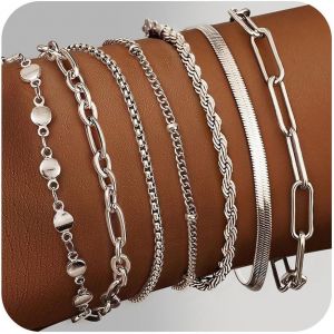 Kalanka-7pcs Chaîne Bracelets Pour Femme Plaqué Or 14k Bracelets Réglable Bracelet Acier Inoxydable Femme Serpent Chaîne Bracelets Empilables Fantaisie Bracelets Bracelets Femme Argent Or Or Rose - Neuf