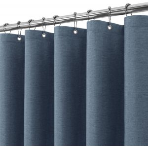 TIANYI-Rideau de Douche Lin avec Anneaux en Métal Imperméable Anti-Moisissures Polyester Tissu Rideau Salle de Bain Lourd pour Baignoire Cabine de Douche - 182x214CM (Bleu Marine) - Neuf