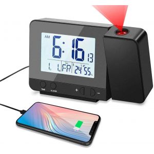Réveil avec projection, réveil numérique avec grand écran LCD, réveil à projection au plafond, horloge numérique avec double alarme, fonction répétition d'alarme, thermomètre d'intérieur - Neuf