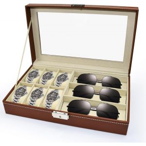 Kal-Boîte De Rangement Pour Lunettes De Montre Boîte À Montres Coffret À Montres En Bois Boîte À Montres 6 Compartiments Boîte À Lunettes Avec Vitrine En Verre Marron Pour Lunettes Et Montre - Neuf