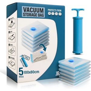 Lot de 5 sacs de rangement sous vide pour vêtements et literie-Sacs s économiseur d'espace avec pompe à main-Solution de rangement hermétique pour voyage et maison (Jumbo + pompe) - Neuf