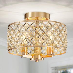 Lighting Lustre En Cristal,Style Moderne,Plafonnier Parfait Pour Salon,Douilles E14 X3 (Ampoules Non Incluses),&Oslash;27 X H22 Cm,Couronne Avec Finition Laiton Vieilli - Neuf