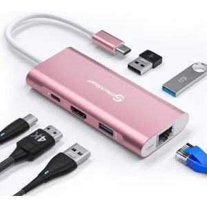 JGD-Hub USB C, Adaptateur USB C &agrave; HDMI 6 en 1 avec Ethernet 1000M, Port de Charge PD 100W, Adaptateur 3 Ports USB 3.0 Compatible avec MacBook Pro, Chromebook, et p&eacute;riph&eacute;riques USB C(Rose) - Neuf