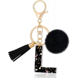 KAL-Initiale Letter Keychains Porte Clé Lettre L,Porte-Clés Étoile, Alphabet Initial Keyring Avec Pompon Pendentif,Porte-Clés Noir Key Ring Pour Femmes Portefeuilles Bagages Charme (L) - Neuf