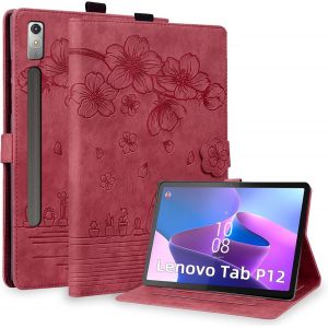 Coque Pour Lenovo Tab P12 2023 12.7 Pouces (Tb370fu), Housse De Protection Multi-Angles &Eacute;tui En Cuir Pu Avec Boucle De Stylo, Fente Pour Carte, Auto R&eacute;veil/Sommeil, Rouge - Neuf