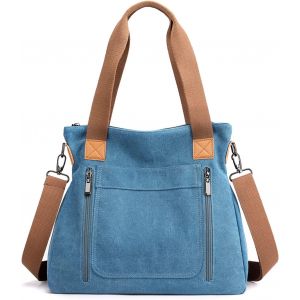 CAUC-Toile Sacoche Femme Sac a Main Sacs Cabas Bandoulieres Port&eacute;s Epaule Sac D'&eacute;paule pour 12.9 Pouces Ordinateur Portable Tablette Achats F&ecirc;te &Eacute;cole Voyage Bleu - Neuf