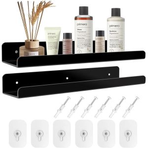 KALANKA-Lot de 2 &eacute;tag&egrave;res murales, 30 x 10 x 4 cm, en acrylique, transparentes, sans per&ccedil;age, pour chambre &agrave; coucher, chambre d'enfant, salon, salle de bain, cuisine, rangement et organisation (Black - Neuf