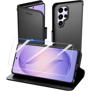 LORANKA-Coque pour Samsung Galaxy S26 Ultra, Flip Case+1 Verre tremp&eacute; Etui Protection Housse Premium en Cuir PU, [Pochette de Portefeuille] [Fermeture Magn&eacute;tique] [Etui &agrave; Rabat]- Noir - Neuf